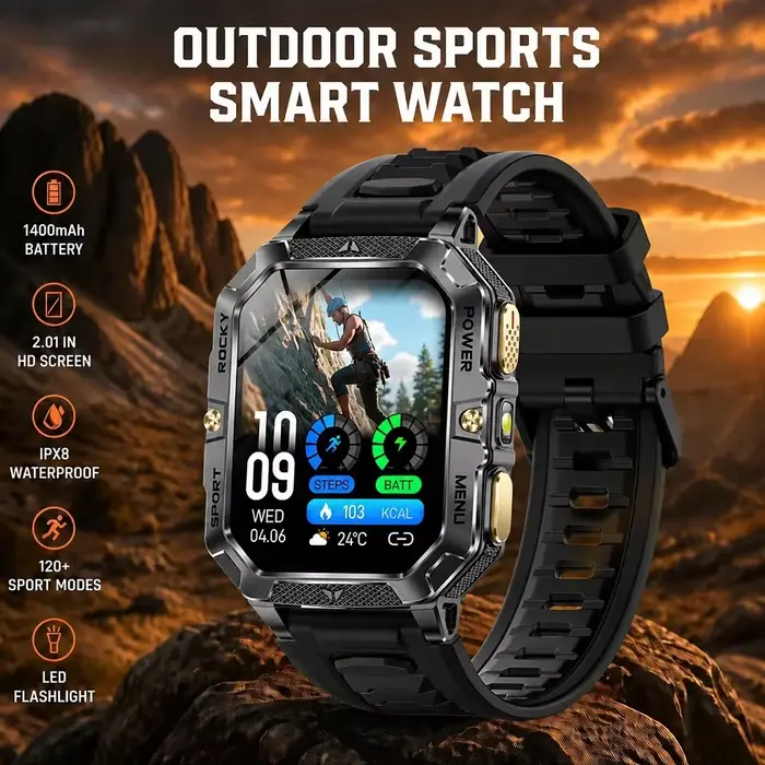 Montre connectée d'extérieur avec écran HD de 2,01 pouces, batterie de 1400 mAh, étanche IPX8, plus 