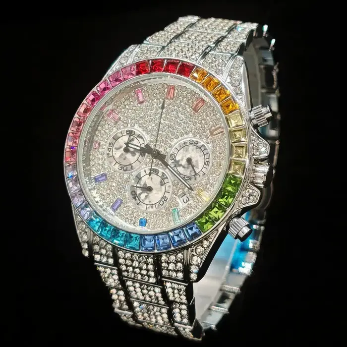 Mode glace montres hommes marque UNIGUET luxe en acier inoxydable Hip Hop arc-en-ciel diamant Quartz montre-bracelet mâle cadeau livraison directe