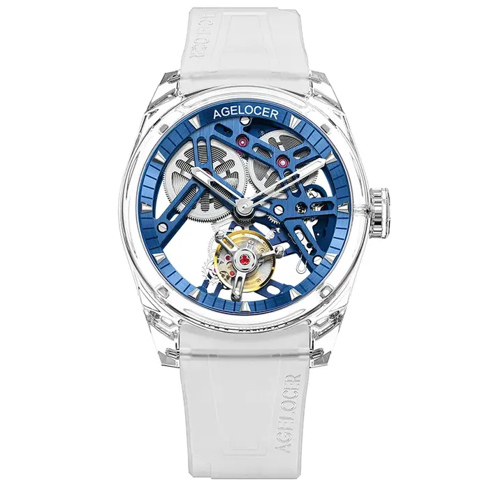 AGELOCER Édition Limitée "Ice Never Melts" Montre Tourbillon à Cristaux à Ressort Libre Montres Mécaniques Manuelles de Luxe