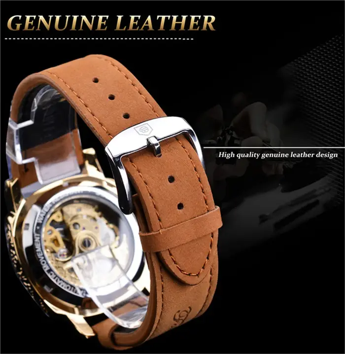 Montre Forsining 403A pour homme, squelette, automatique, mécanique, de luxe, 2023, argent, or, cuir, Relogio masculino