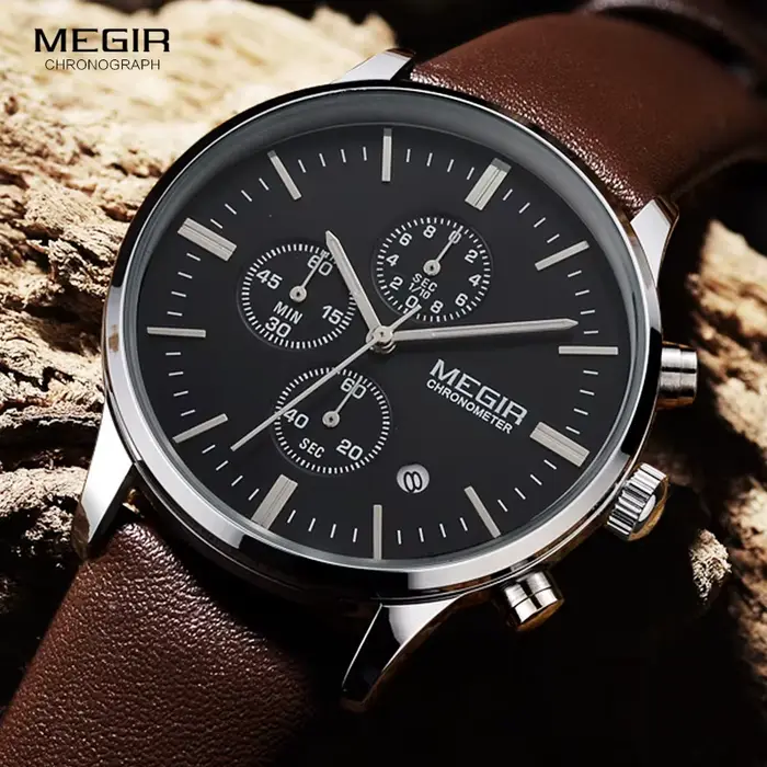 Mode Megir 2011 Top marque Quartz hommes lumineux étanche montre de sport homme Commercial en cuir véritable affaires montres