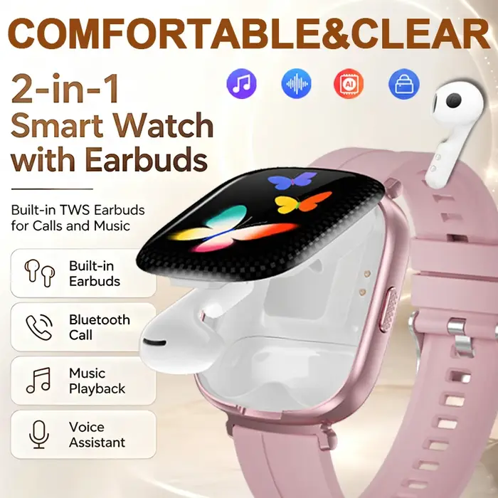 Montre intelligente 2-en-1 avec écouteurs intégrés, appels sans fil, lecture de musique, assistant IA, traduction, suivi de la santé et de la forme physique.