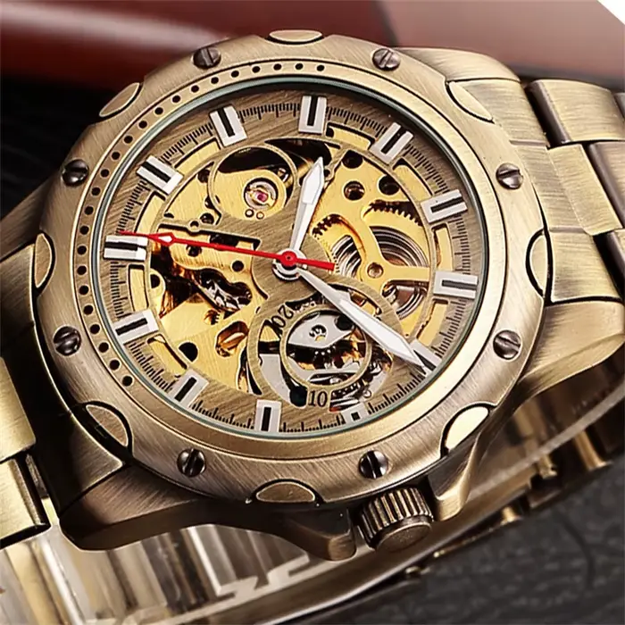 SHENHUA 9536A hommes montre mécanique automatique Bronze squelette décontracté