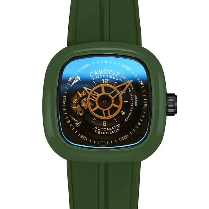 Une montre mécanique verte sportive et élégante à lanières carrées pour hommes