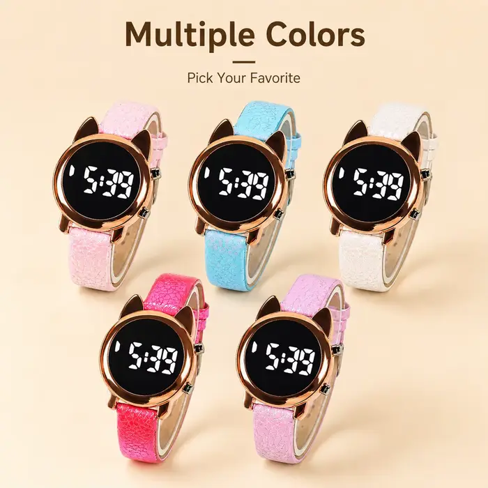 Montre numérique LED pour femme avec design oreilles de chat