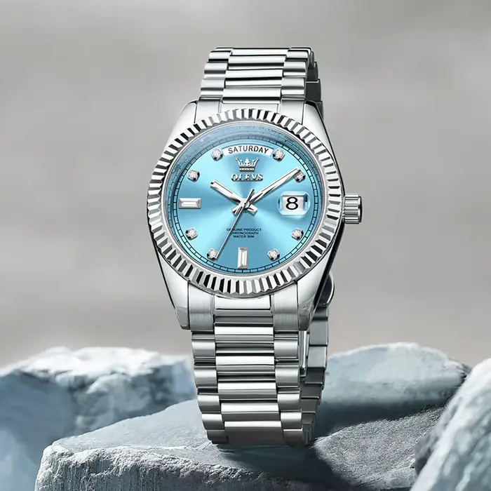 OLEVS bleu ciel hommes horloge automatique mécanique Date semaine luxe homme montre-bracelet étanche lumineux en acier