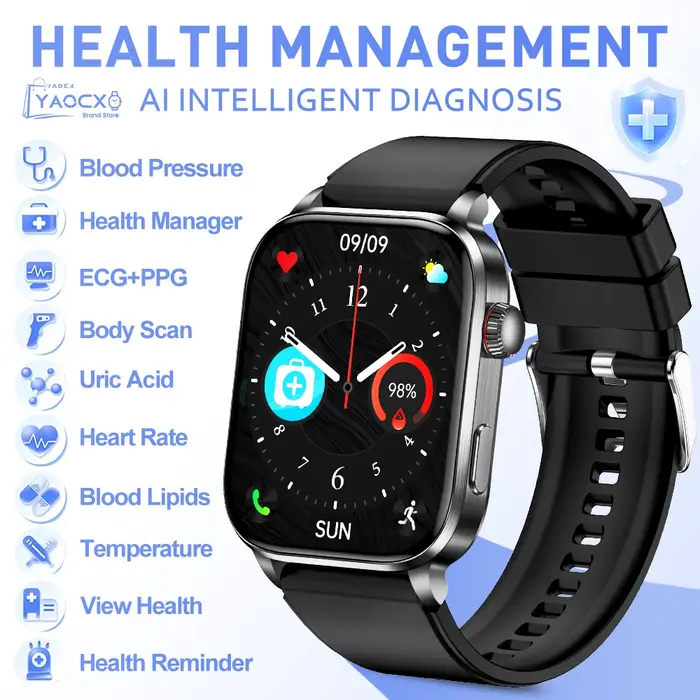 Montre connectée santé 2026 avec écran 2,0 pouces, ECG+PPG, fréquence cardiaque, oxygène sanguin, te