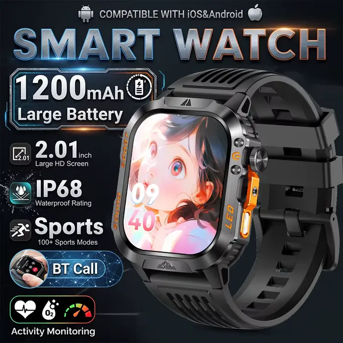 Montre connectée de randonnée mondiale 2026 avec écran 2,01'', batterie 1200 mAh, lumière LED, fréqu