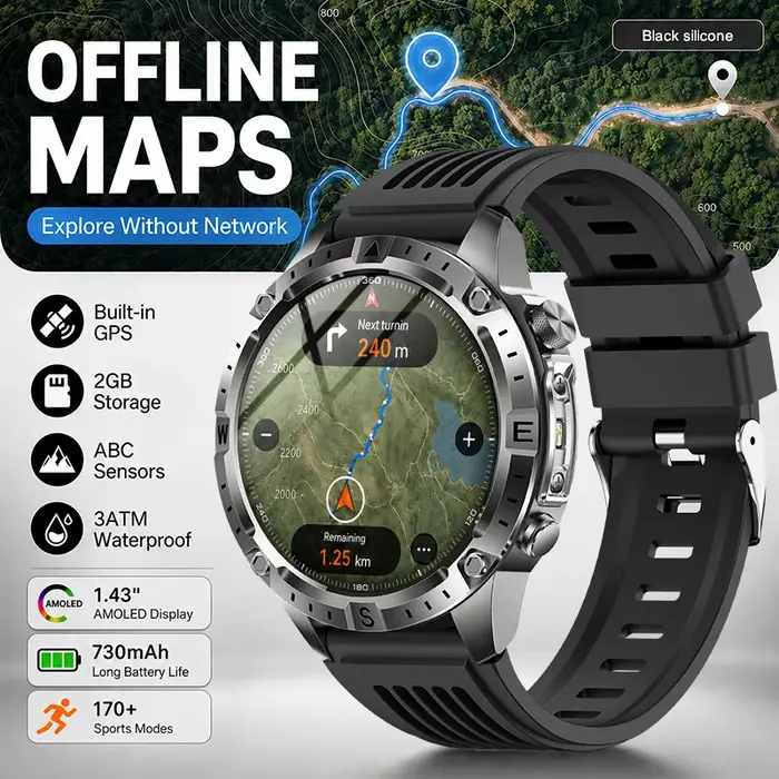 Nouvelle montre connectée GPS d'extérieur avec cartes hors ligne pour hommes