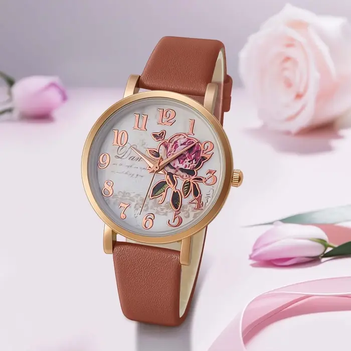 Nouveau Style de mode décontracté de luxe femmes cadran pivoine en cuir PU montre à Quartz élégant populaire polyvalent montre-bracelet cadeaux de vacances présent