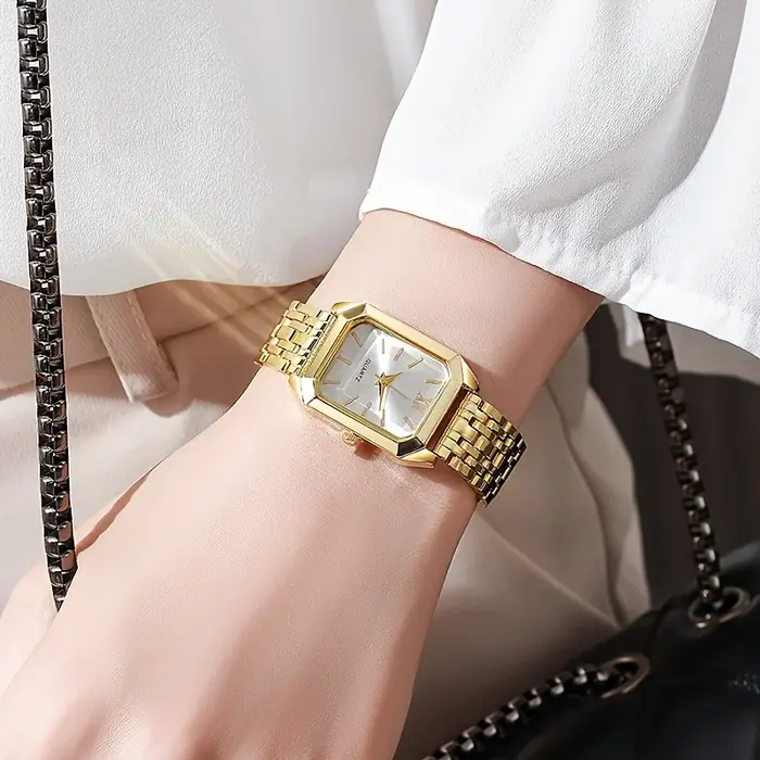 Montre de luxe élégante pour femmes, boîtier doré, bracelet en acier, mouvement à Quartz avec chiffres romains, accessoire de mode pour dames