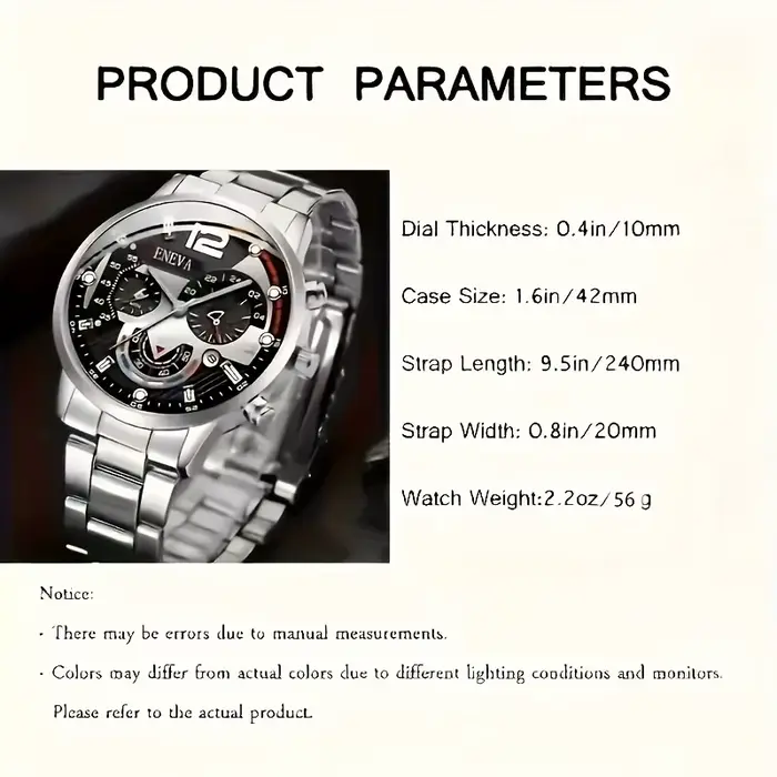 Ensemble de montre à quartz pour hommes 8 pièces, avec un cadran circulaire noir, un bracelet, un collier et une bague
