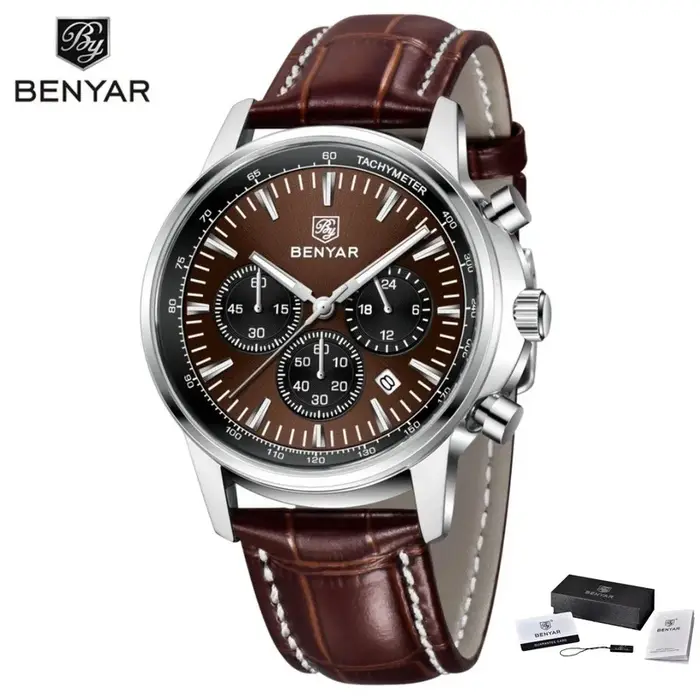 Benyar 2026 Nouvelles montres de luxe pour hommes, chronographe avec date, montre en cuir pour homme, étanche, lumineuse, montre sport militaire à quartz pour hommes