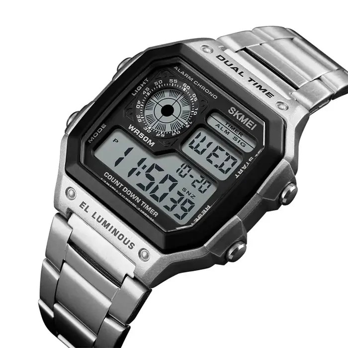 Skmei-Montre-bracelet de sport numérique pour homme, bracelet en acier inoxydable, chronographe LED,