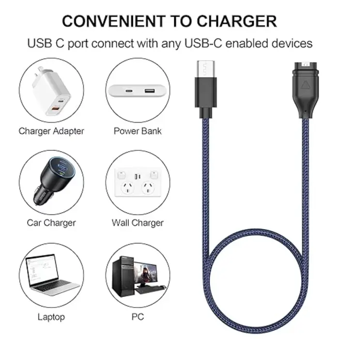 Chargeur de remplacement tressé pour Garmin Fenix 8 7 7S 7X Pro 6 6S 6X Pro 5 5S 5X Plus
