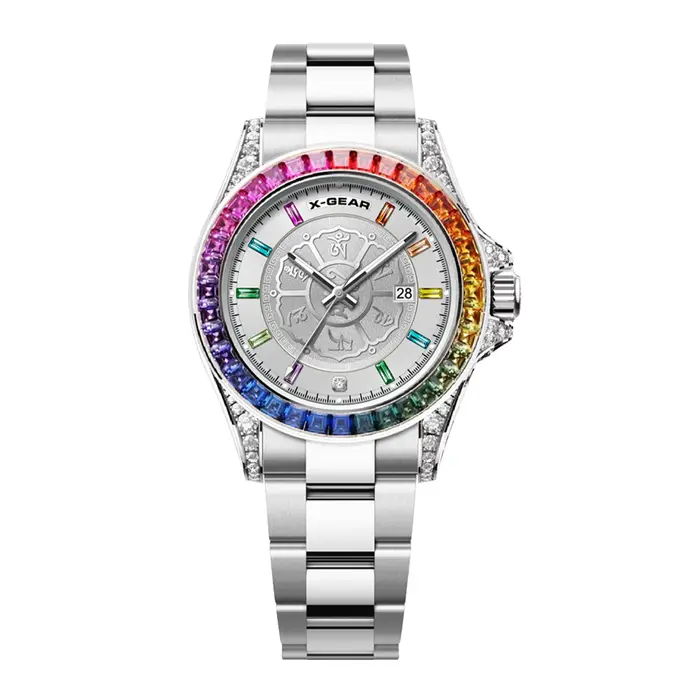 Montre à Quartz pour hommes, lunette arc-en-ciel, diamant coloré, haute qualité, grand, trois aiguil