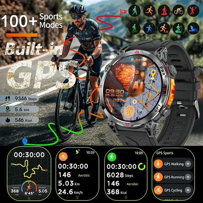Nouveau KC93 montre intelligente 1.56 pouces AMOLED GPS positionnement Sports de plein air Fitness Tracker Bluetooth appel grande batterie Smartwatch