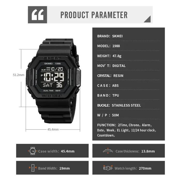 SKMEI 1988 militaire compte à rebours Chrono montre-bracelet pour hommes LED affichage numérique Sport montre