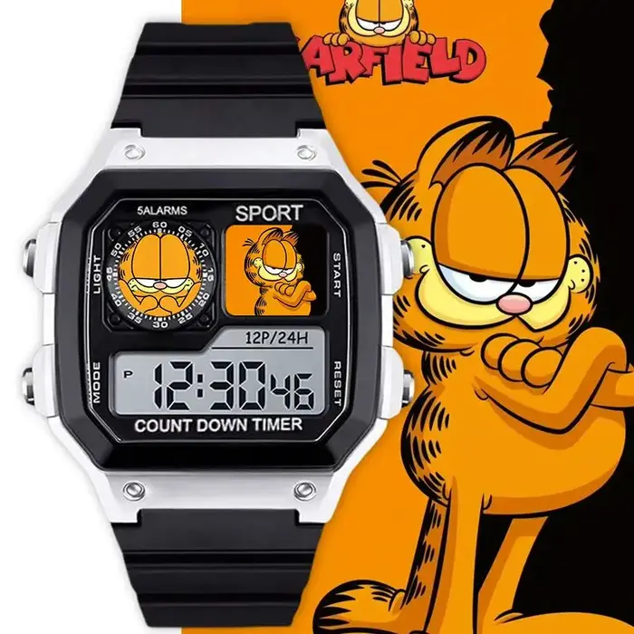 Montre numérique carrée unisexe pour étudiant, design Garfield, mignonne et originale, avec alarme s
