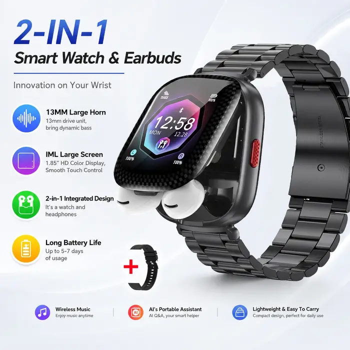 Montre intelligente 2-en-1 avec écouteurs Bluetooth, son stéréo HD, appels sans fil, assistant IA, suivi d'activité physique pour Android et iOS 2026