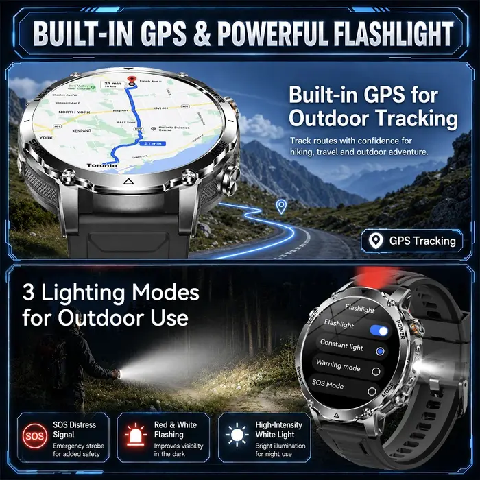 Nouvelle Montre Connectée Militaire 2026 avec GPS Intégré, Batterie 1400 mAh, Sportive, Écran AMOLED 1,7'', Étanche IP68, LED Blanc Rouge, SOS, pour Hommes