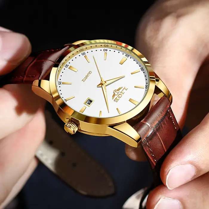 Montre LIGE en cuir marron pour homme, style militaire, sport, quartz, décontractée, étanche, chrono