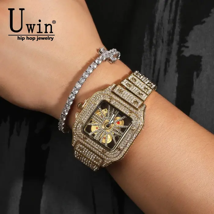 Uwin glacé montre pour hommes cadran carré Quartz marque de luxe montres automatiques squelette horloge Hiphop Relogio