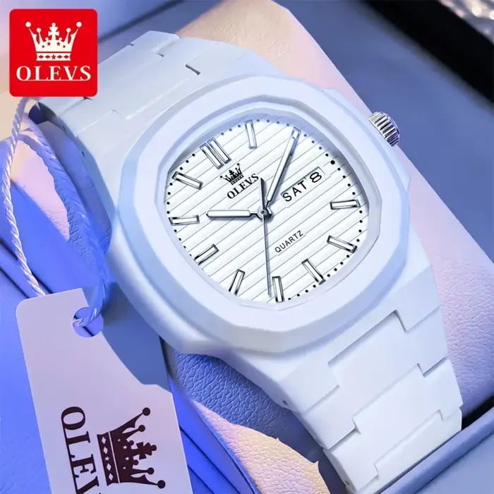 Montre OLEVS tendance pour jeunes, étanche, avec date et jour, lumineuse, unisexe, en résine blanche