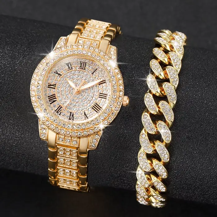 2 pièces mode diamant femmes montres montre en or dames
