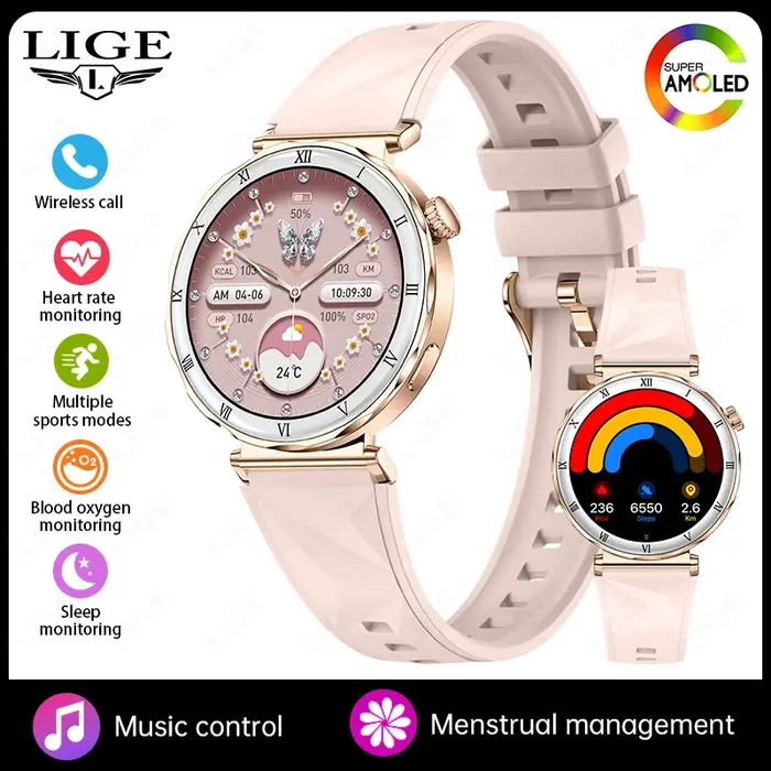 Montre connectée pour femmes 2026 Nouvelle mode Écran AMOLED Appel Bluetooth Cadrans personnalisés Surveillance de la