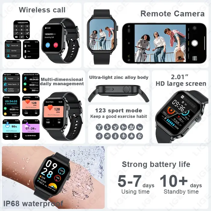 Montre connectée LIGE originale pour hommes et femmes, appels sans fil, assistant vocal, suivi de la santé et de la forme physique, étanche, modes multisports