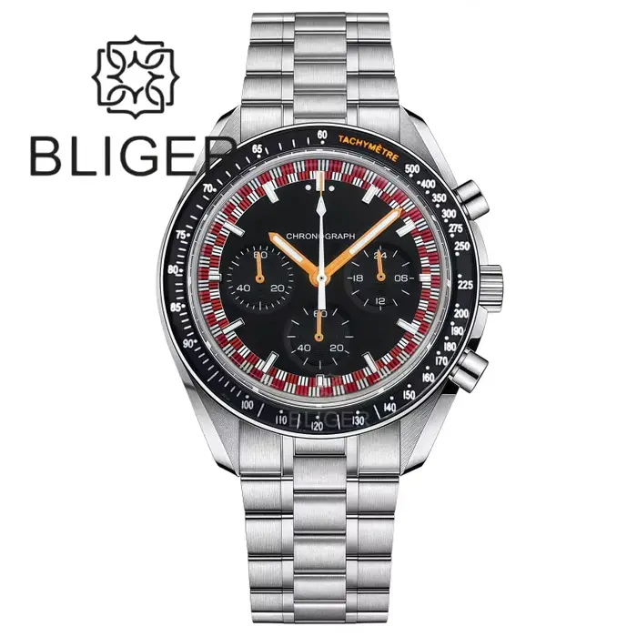 BLIGER 39mm Vintage lune chronographe montre pour hommes VK63 mouvement à Quartz en acier inoxydable bulle cristal étanche vert lumineux