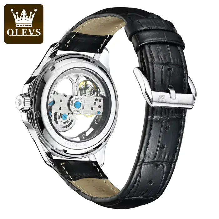 OLEVS 6661 montre homme automatique entièrement creuse bracelet en cuir de mode étanche horloge à main lumineuse montres mécaniques pour hommes