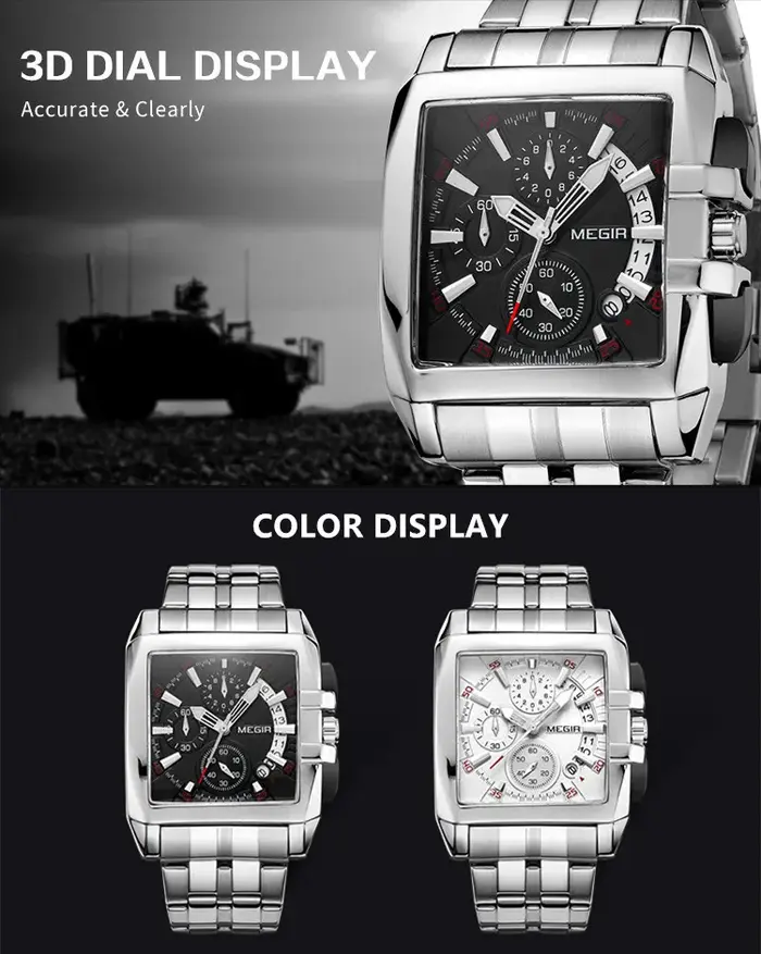 MEGIR Original luxe hommes montre en acier inoxydable