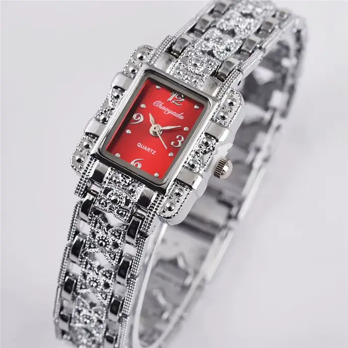 Femmes montre Rectangle cadran argent acier inoxydable cristal montres mode Quartz
