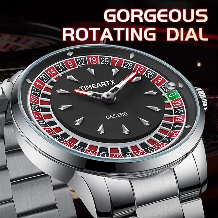 Montre pour homme TIMEARTX, nouveau design de roulette européenne, jeu de poker, mouvement à quartz, acier inoxydable, montre-bracelet, cadeaux pour la fête des pères