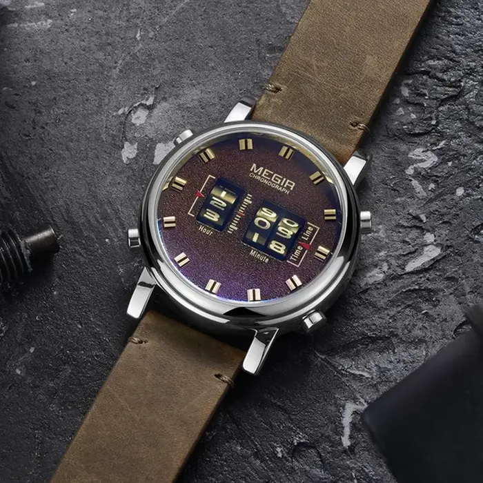 Montre-bracelet numérique MEGIR Roller, cadran numérique, mouvement à quartz, montre de sport pour homme, 3ATM étanche, bracelet en cuir, montres Reloj Hombre