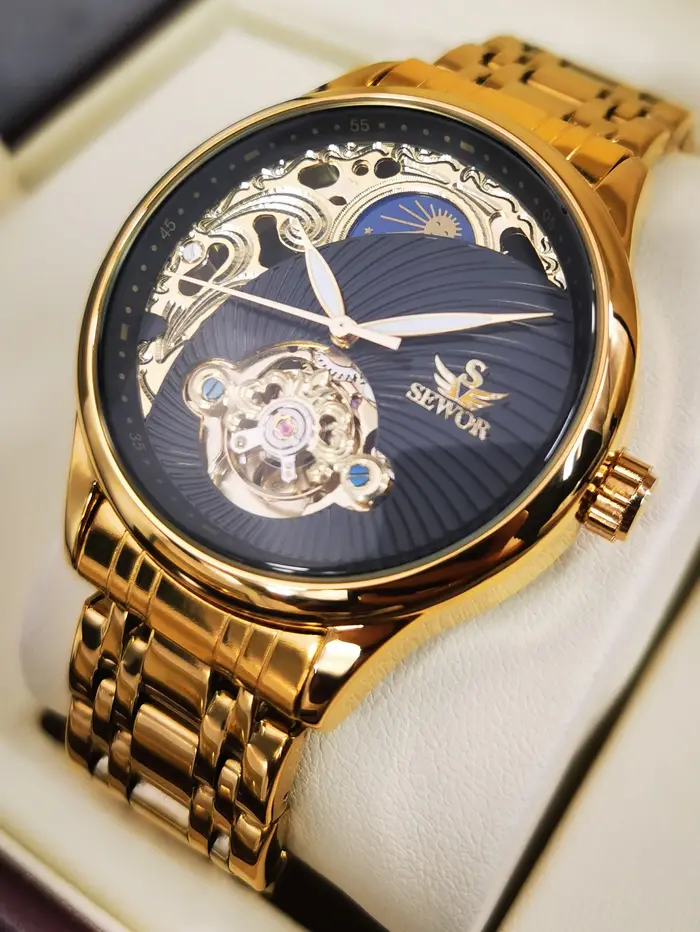 AOKULASIC or squelette montre pour hommes rétro Phase de lune Tourbillon automatique montres mécaniques de luxe en acier inoxydable bande lumineuse