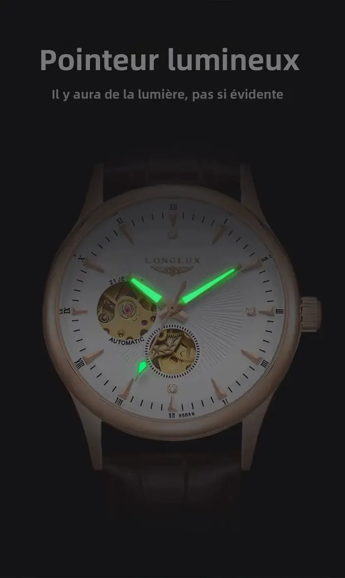 LONGLUX montre automatique style élégant en gros montres mécaniques squelette rome étanche