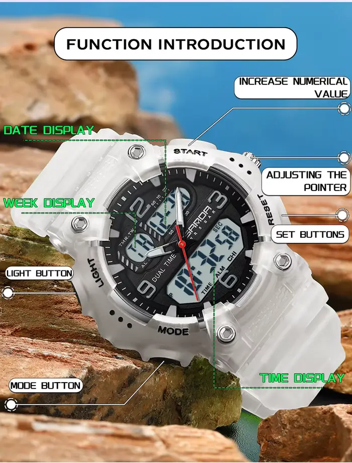 SANDA 6179 nouveau femmes Sport Quartz montre électronique double affichage multi fonctionnel LED veilleuse étanche