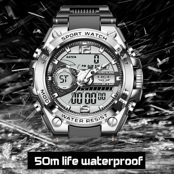 LIGE numérique hommes montre militaire 50m étanche montre-bracelet LED Quartz horloge Sport montre m