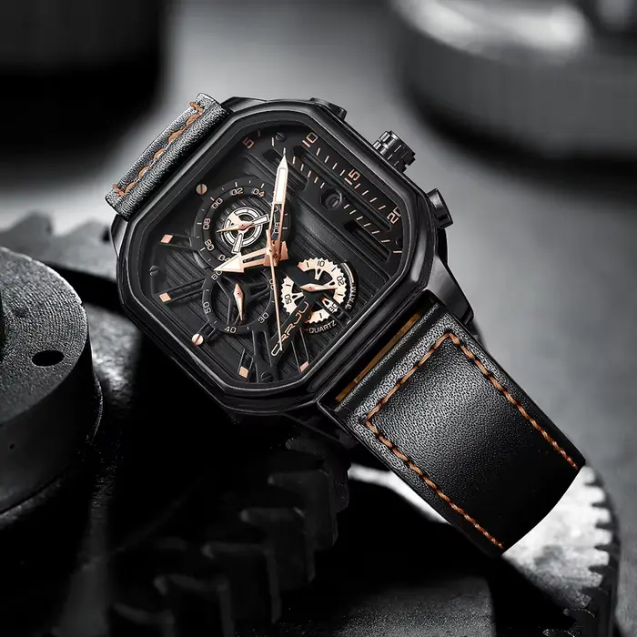 CRRJU mode cadran carré en cuir hommes montres de luxe Sport montre étanche Homme chronographe Quartz