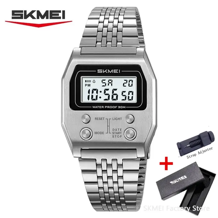 SKMEI 2460 hommes montres en acier inoxydable Sport luxe rétro LED électronique étanche montre numérique