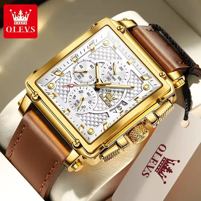 OLEVS 9925 montre à Quartz carrée pour hommes bracelet en cuir de mode étanche chronographe lumineux