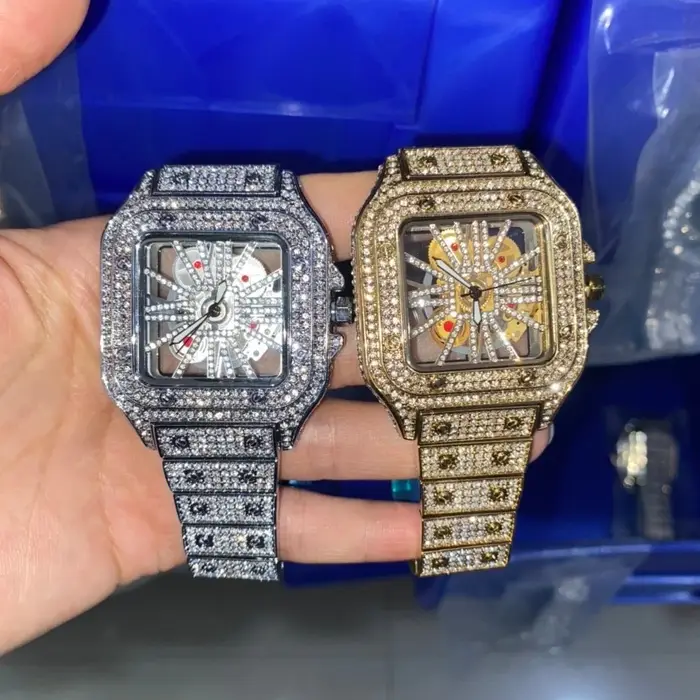 Uwin glacé montre pour hommes cadran carré Quartz marque de luxe montres automatiques squelette horloge Hiphop Relogio