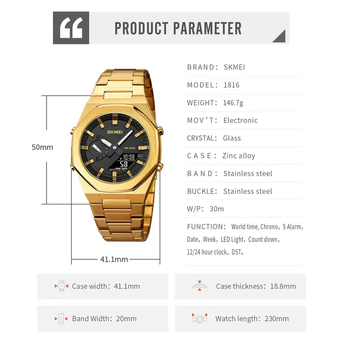 SKMEI 1816 montre à Quartz de luxe hommes numérique LED double affichage de l'heure étanche montres de sport