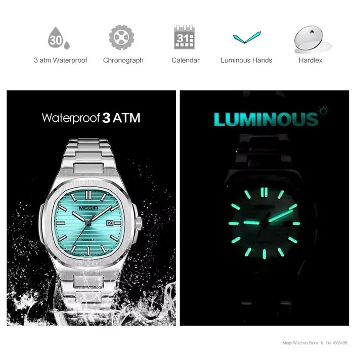 MEGIR montre habillée classique pour hommes avec bracelet en acier inoxydable doré cadran vert ovale montre-bracelet à quartz étanche avec aiguille lumineuse