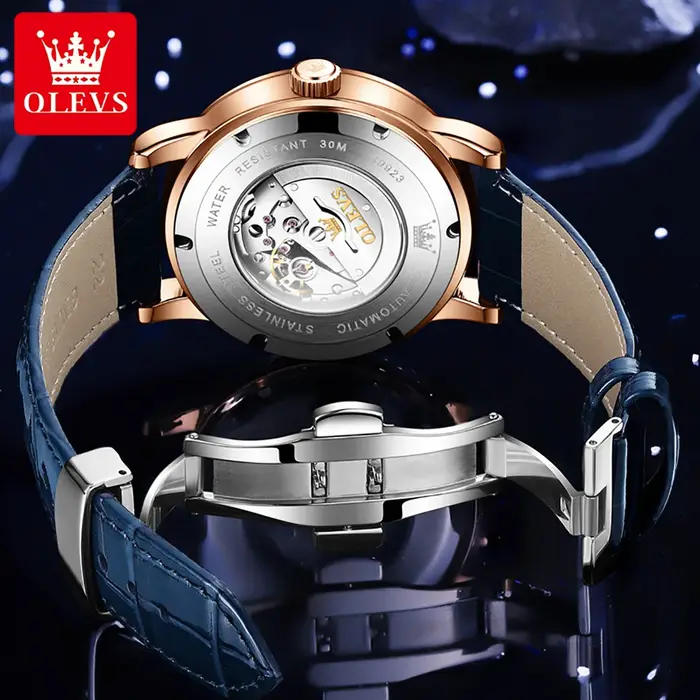 OLEVS 9923 montres pour hommes Phase de lune montre mécanique automatique pour homme en cuir bleu robe de luxe étanche montre-bracelet lumineuse