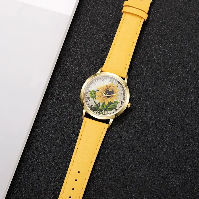 Mode fleur Roma cadran femmes montre-bracelet bracelet en cuir décontracté montres à Quartz pour dames horloge Reloj Mujer (sans boîte)
