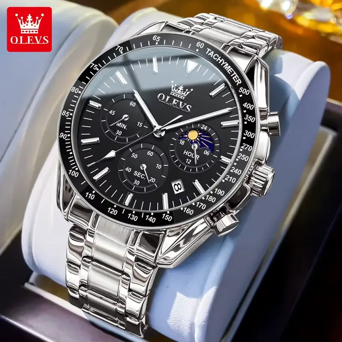 Montre Homme OLEVS 3618 Luxe en Acier Inoxydable Étanche Lumineuse avec Phase de Lune 24 Heures et C